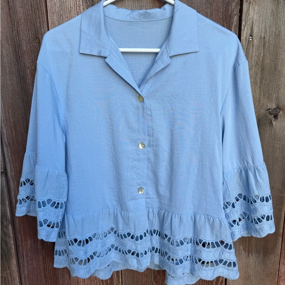 **NWOT** Light Blue Lace Trim Button Down 3/4 Sleeve Women's Top Size Small - Picture 5 of 16